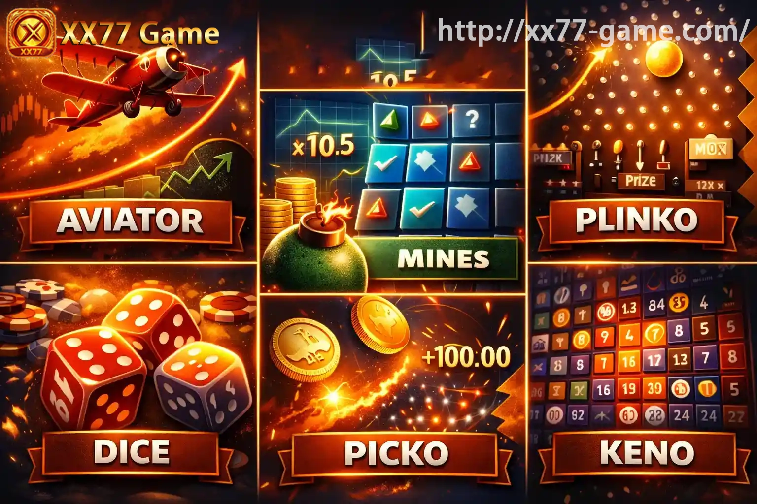 Aviator, Mines, Plinko, Dice and Keno instant games collage with chips and coins