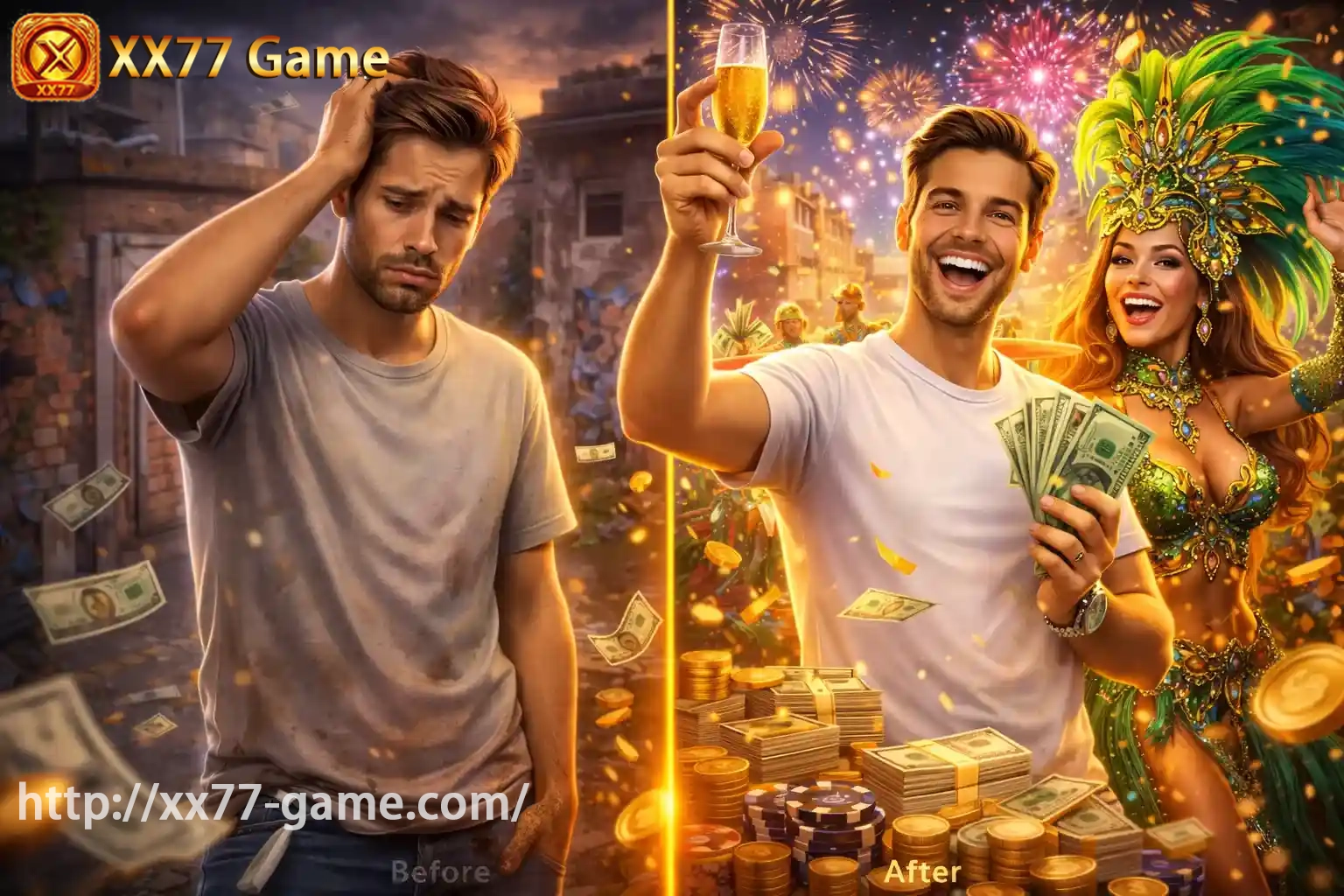Before and after casino win showing disappointed player turning into happy winner with cash