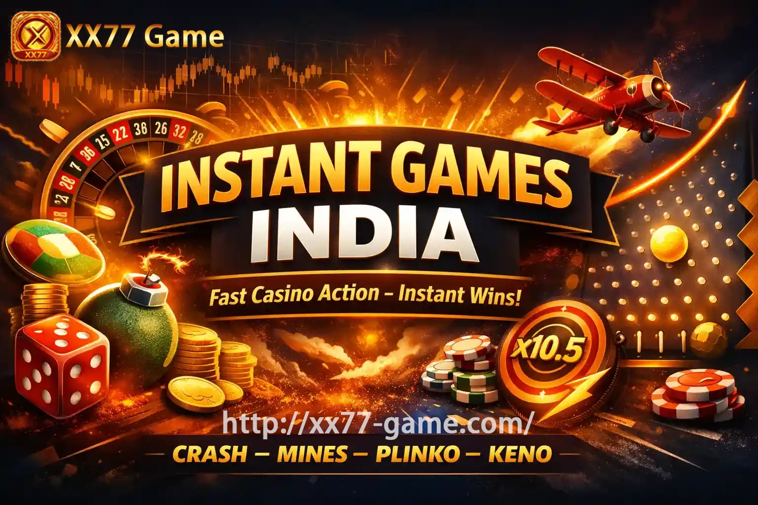 Instant casino games banner with crash plane, roulette wheel, coins and multipliers