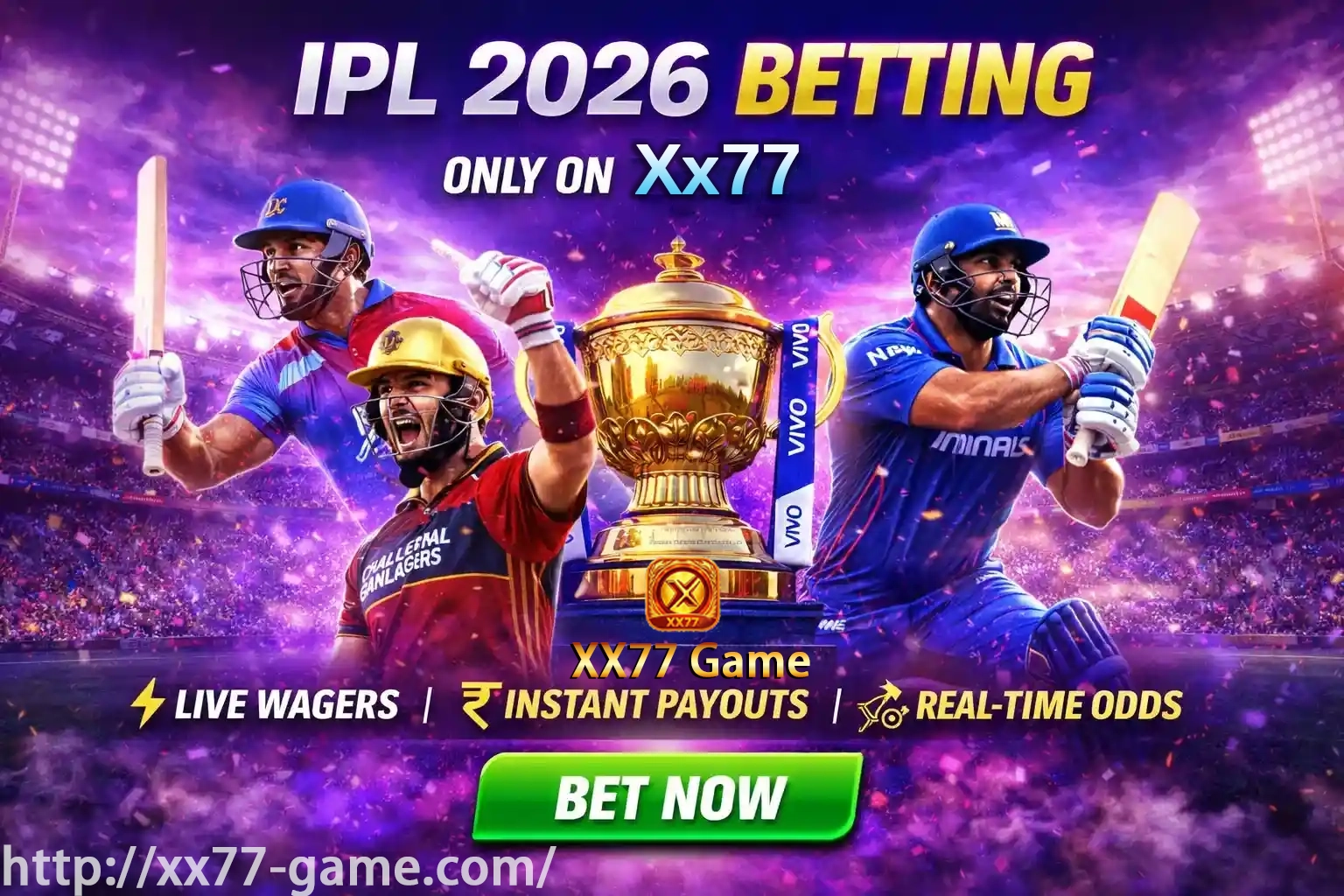 IPL 2026 betting promo with players, trophy and live wager features