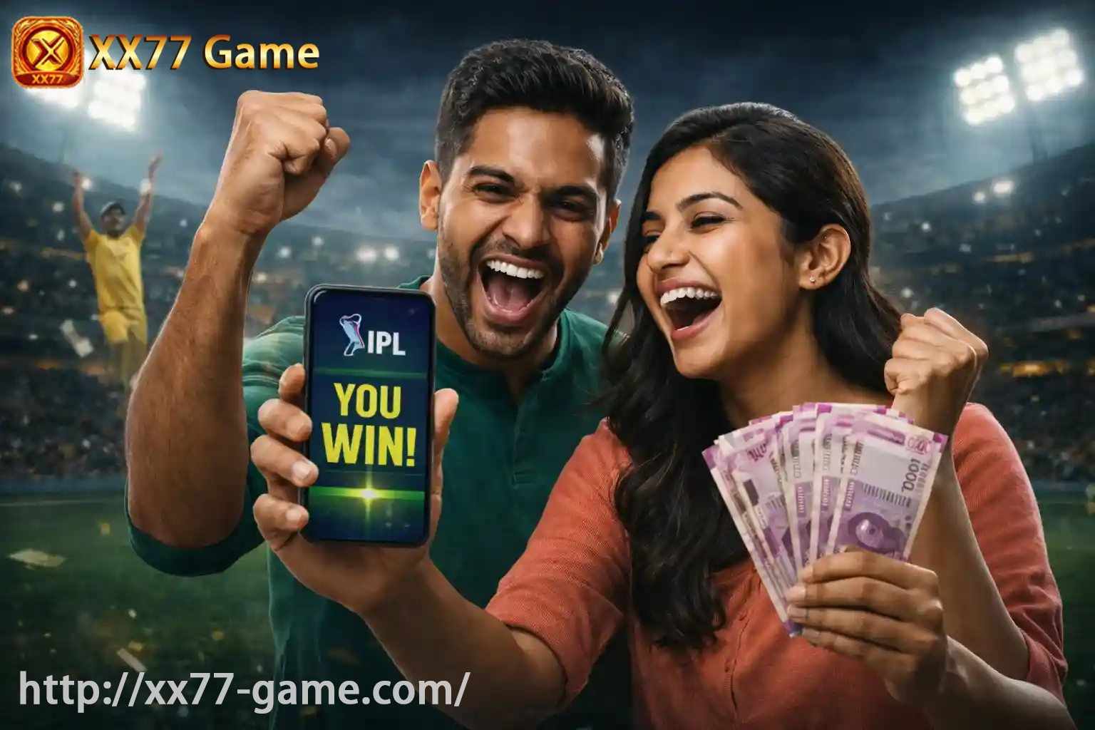 Indian couple celebrating IPL win on mobile phone with cash in stadium