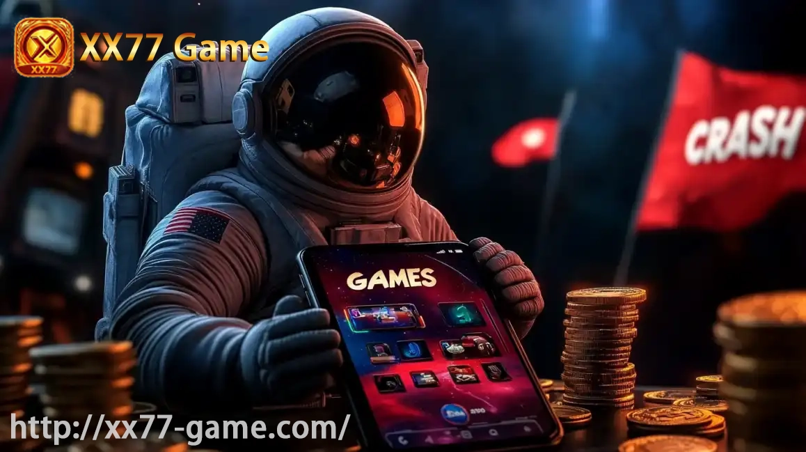 Astronaut in space suit playing crash games on tablet with coins in atmospheric casino setting