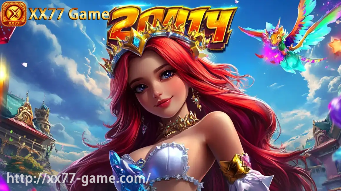 Beautiful red-haired fantasy princess with golden crown in magical 2014 slot game environment