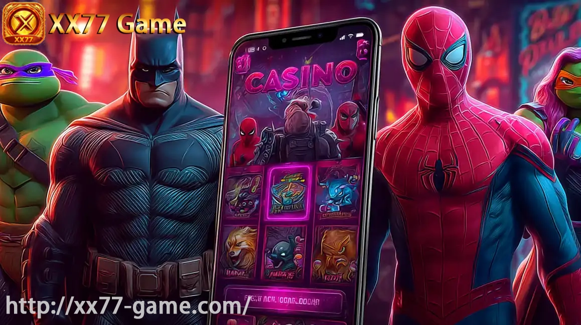 Batman, Spider-Man and Ninja Turtles characters with mobile casino game displaying various slots